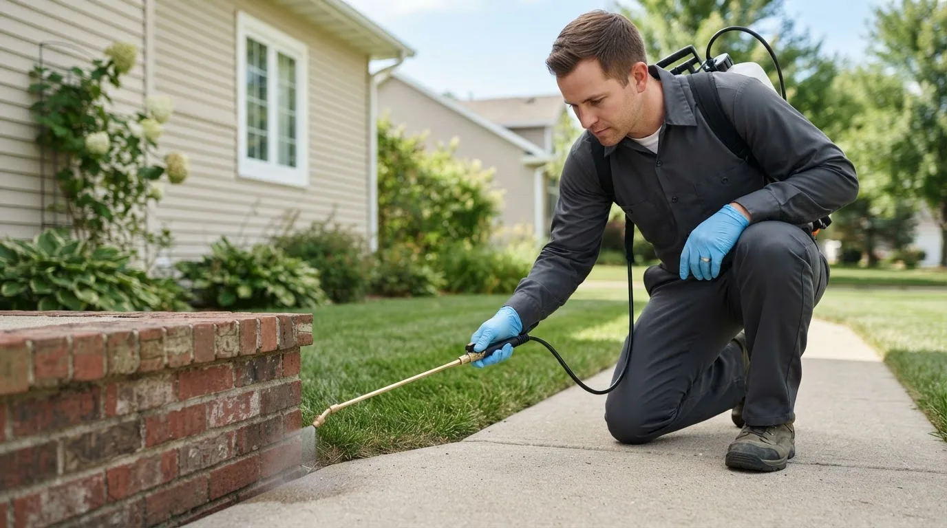 Pest control technician treating a home near Harvest, AL