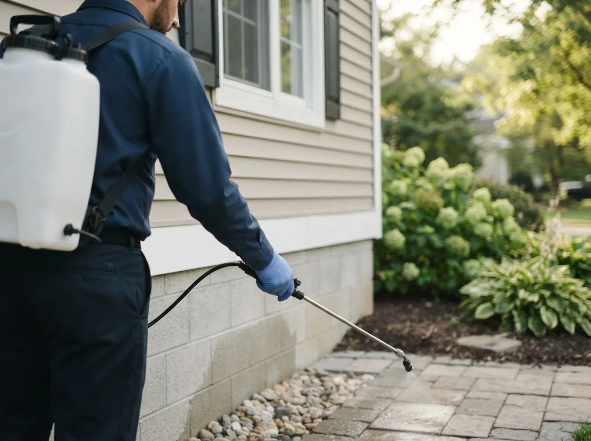 Pest control technician inspecting a home in Harvest, AL
